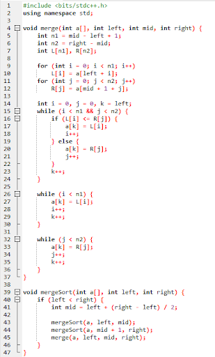 Ví dụ thuật toán sắp xếp trộn trong C++ 
