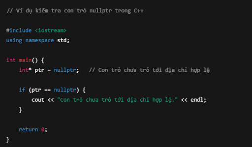 Ví dụ kiểm tra con trỏ nullptr trong C++