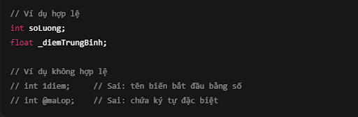 Ví dụ về quy tắc đặt tên biến trong C++