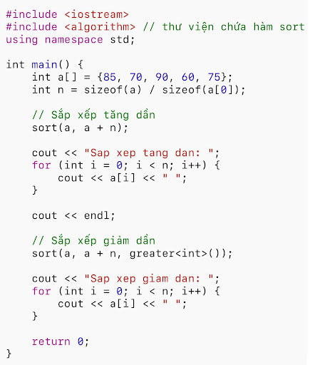 Ví dụ hàm sort trong C++