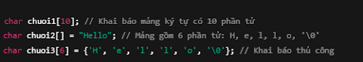 Ví dụ về cú pháp khai báo mảng ký tự C++